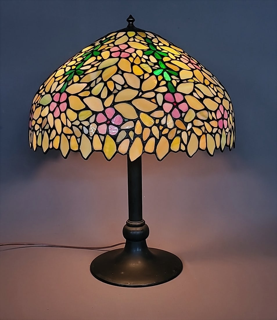 Large Leaded Glass Table Lamp attributed to Handel with  bronze base & 3 Hubbel sockets.   hgt 26". (1 of 9)