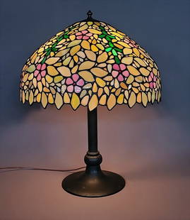 Large Leaded Glass Table Lamp attributed to Handel with bronze base & 3 Hubbel sockets. hgt 26".: Large Leaded Glass Table Lamp attributed to Handel with bronze base & 3 Hubbel sockets. hgt 26". Shade dia 20.5" hgt of shade 10.5". Some hairlines in glass. Overall good condition for age. Found