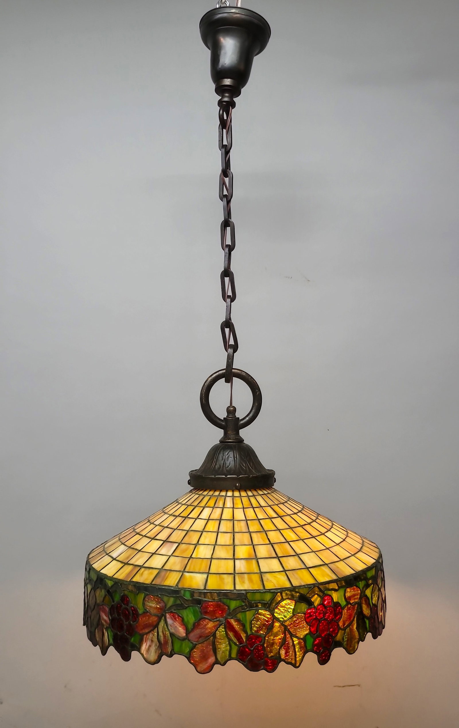 Circa 1915 Quality Leaded Glass Hanging Shade with massive bronze chain & cap & canopy. H 45" dia. (1 of 7)