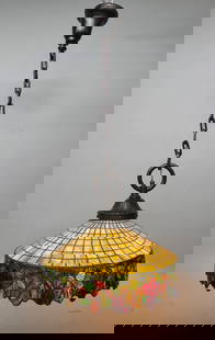 Circa 1915 Quality Leaded Glass Hanging Shade with massive bronze chain & cap & canopy. H 45" dia.: Circa 1915 Quality Leaded Glass Hanging Shade with massive bronze chain & cap & canopy. H 45" dia. 22". Found in St Paul MN estate.