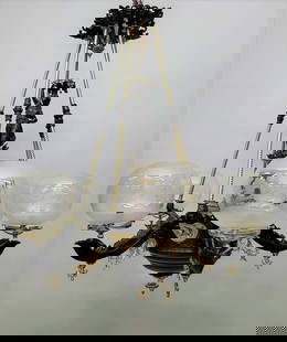 Circa 1860's 5 Arm Rod Held Gas chandelier/Gasolier with Woman Center Figure and 5 antique cut &: Circa 1860's 5 Arm Rod Held Gas chandelier/Gasolier with Woman Center Figure and 5 antique cut & etched matching shades. Rewired ready to hang. Hgt 36" dia 30".attibuted to Starr Fellows & Co. or