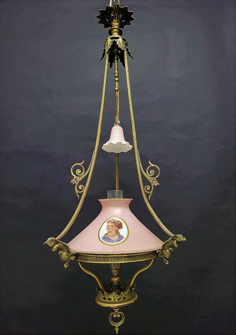 circa 1880's Rare Sandwich Gas Hall Light /  Gasolier with Portrait 12" shade & antique smoke bell. (1 of 12)