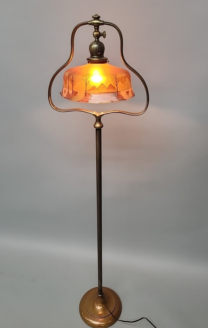 Signed Handel 1920's floor lamp with reverse paint scenic shade in good working condition. Glass (1 of 5)
