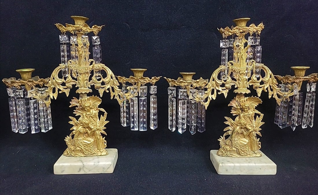 Circa 1850's Pair of Girandole Candlesticks of Boy & Girl cast in brass with cut glass prisms & (1 of 3)