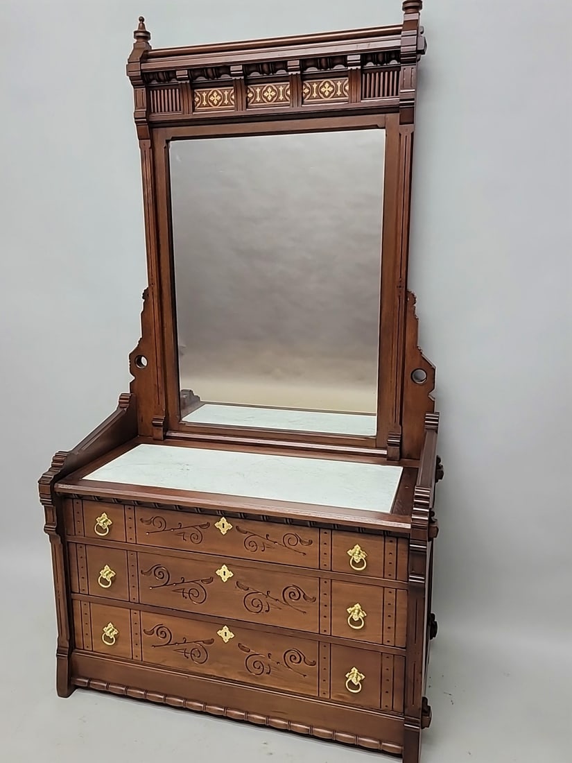 Circa 1880's Modern Gothic/Aesthetic Incised Walnut Dresser signed on the tiles (1 of 7)