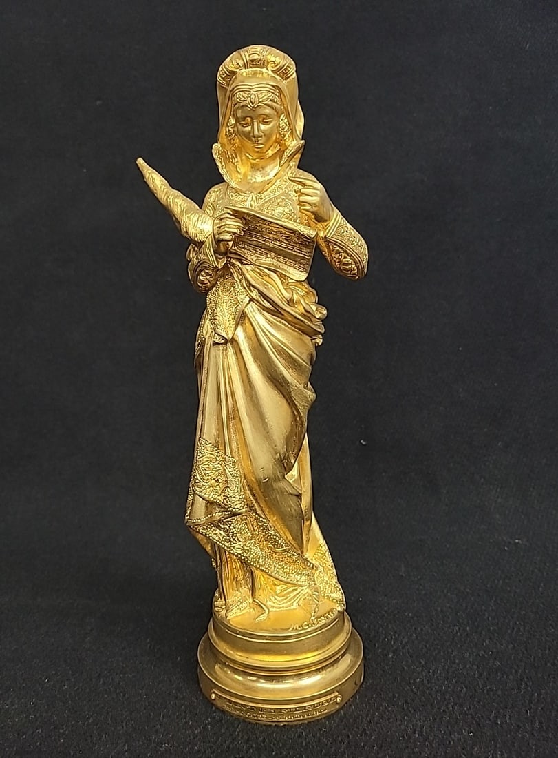Circa 1900 Gilt bronze signed MC Favre woman wearing classical garments, cradling  spool of yarn & (1 of 7)