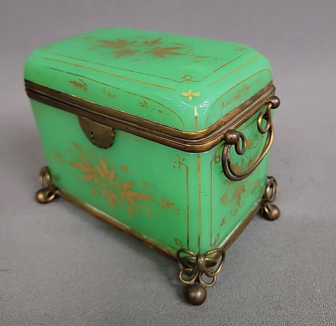 Moser Green Opalene Jewelery Casket with enamel decoration. Gilt brass mounts handles & feet. This (1 of 5)