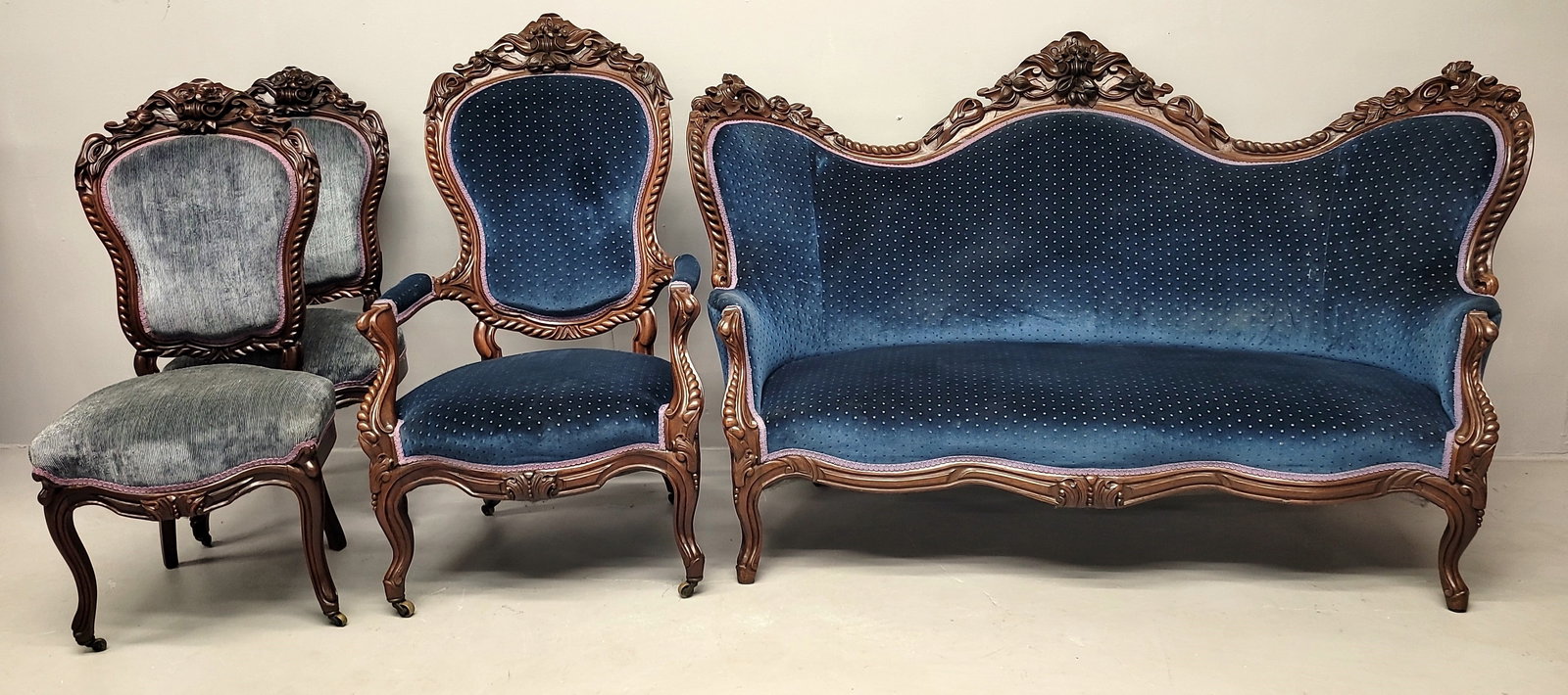 C 1850's Solid  rosewood American made Rococo Parlor Set w/ deep carved frames & extensive rope (1 of 12)
