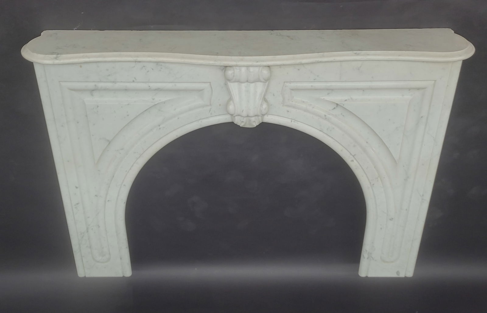 Circa 1860's  Carrara Marble Arch Style Fireplace Mantle with Carved Key Stone Capital. H 40" w 60". (1 of 7)