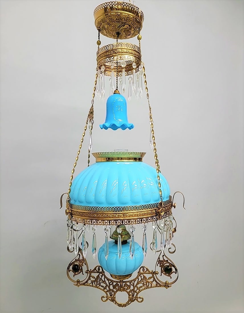 Circa 1890 Brass Hanging Lamp with Blue ribbed matching shade & font & smoke bell with working (1 of 5)