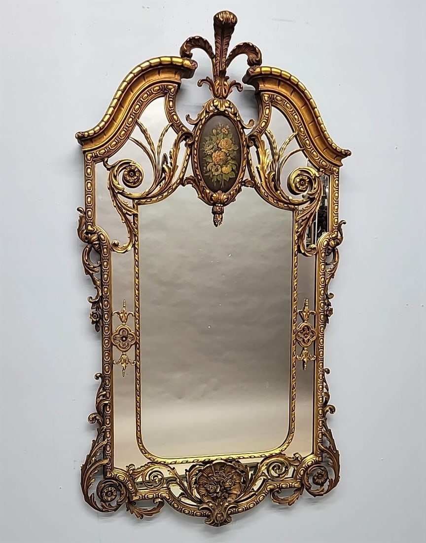 Circa 1920’s Italian Mirror, with a plume-carved finial on swan's-neck pediment, carved , (1 of 5)