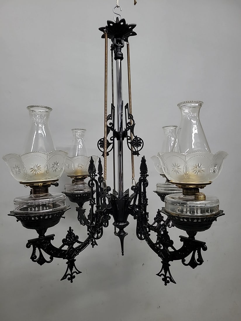 Circa 1870's 4 Arm Cast Iron Ceiling Oil Chandelier with antique shades & oil fonts. All glass in (1 of 6)