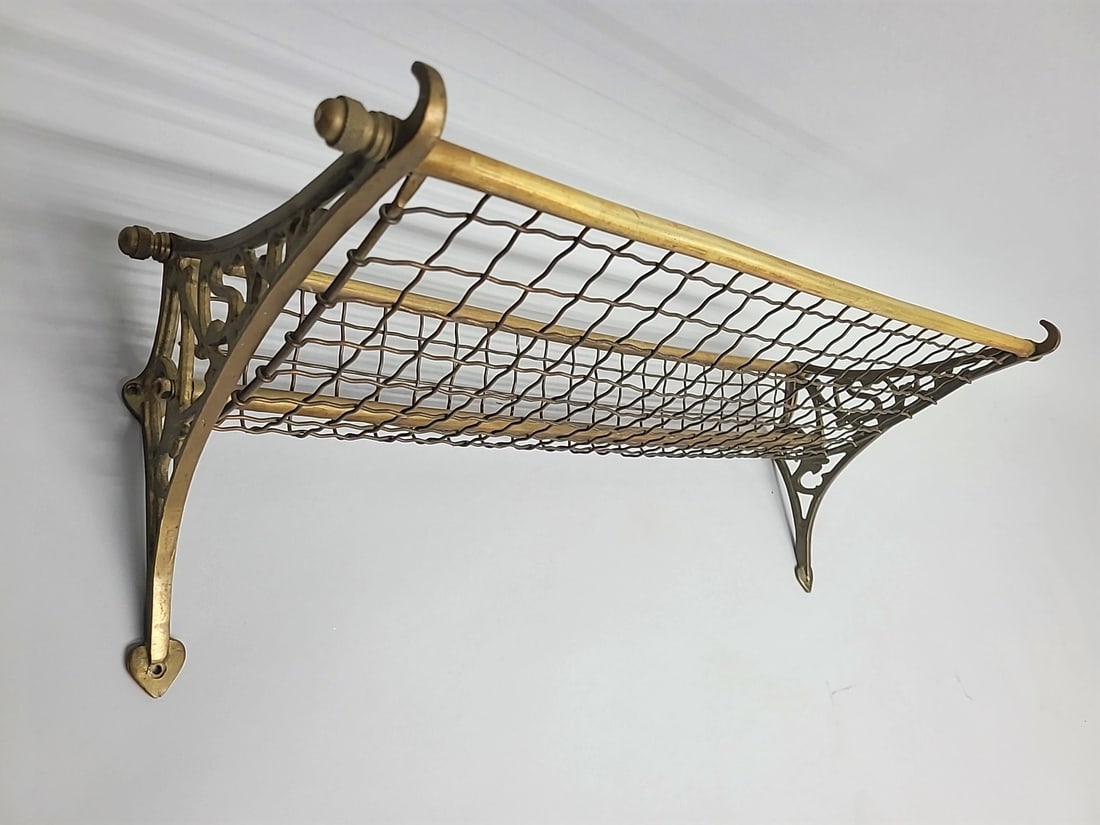 Circa 1900 Great Pullman Car Brass Wall Luggage Rack - w 30" h 10" d 13". Good condition. Found in (1 of 3)