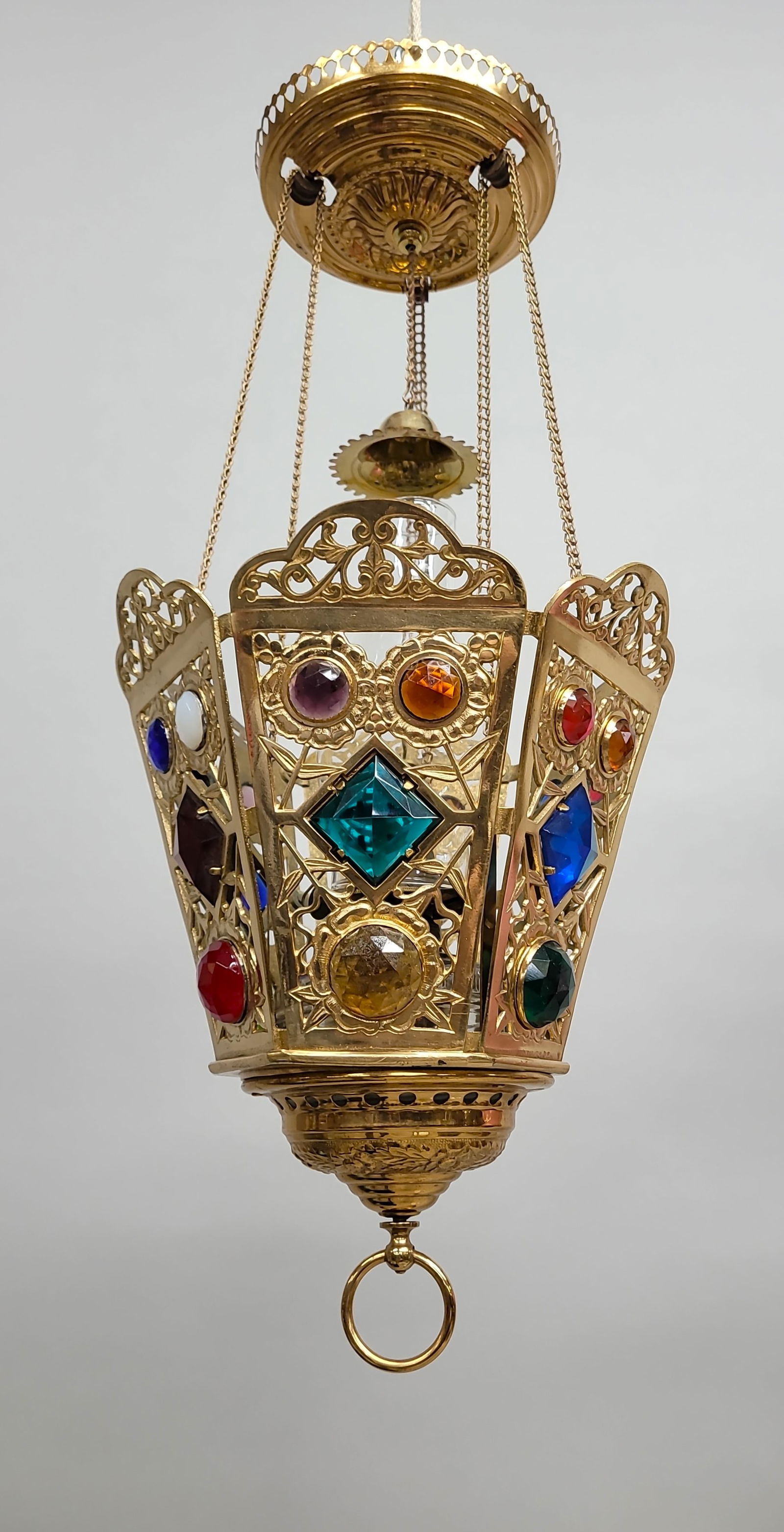 Circa 1890's Polished Cast Brass Oil Hall Light with 24 Jewels embeded into the frame. All the glass (1 of 3)