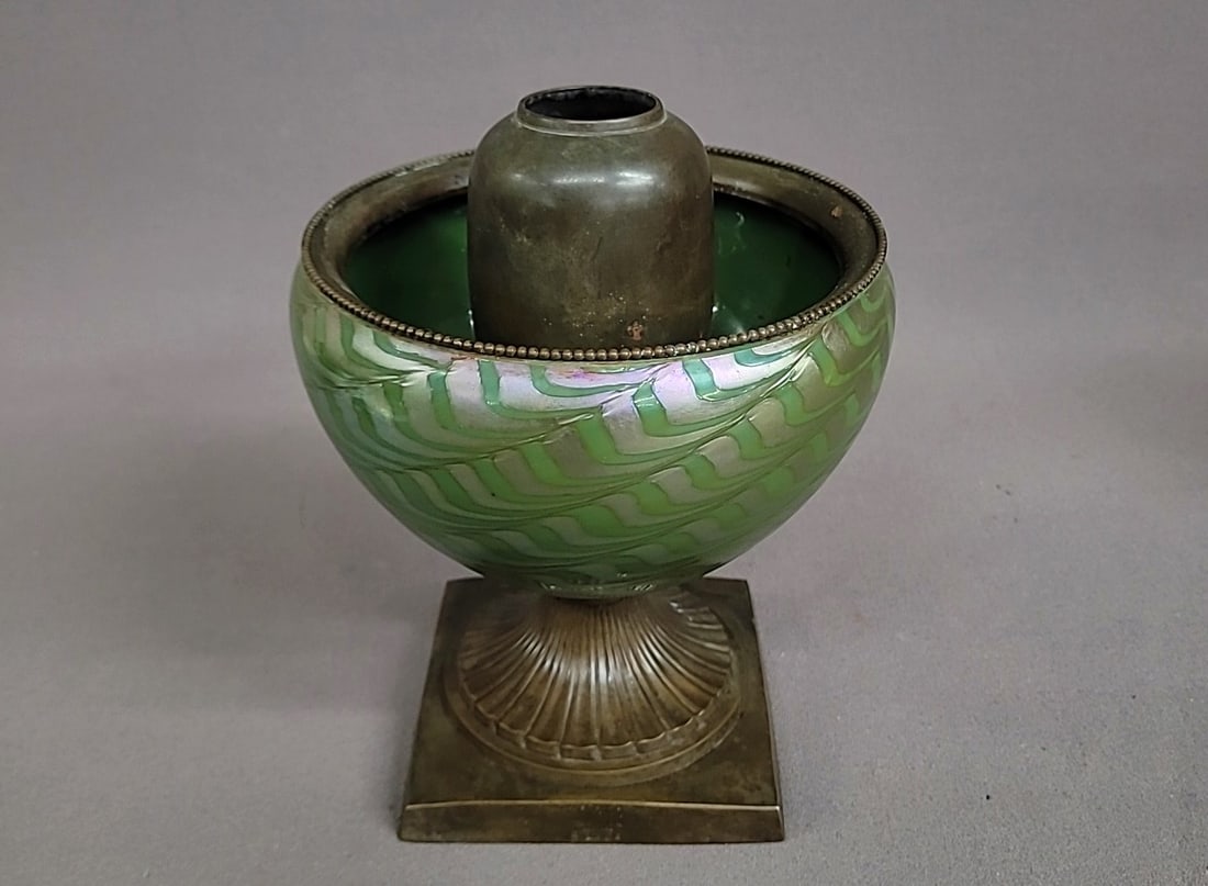 Tiffany Studios Bronze & Damascene Glass Jardiniere - Signed on bronze base (Tiffany Studios, New: Tiffany Studios Bronze & Damascene Glass Jardiniere - Signed on bronze base (Tiffany Studios, New York S1602) - also stamped Tiffany Studios New York on the inner bronze font - hgt 9" dia. 7" - perfec