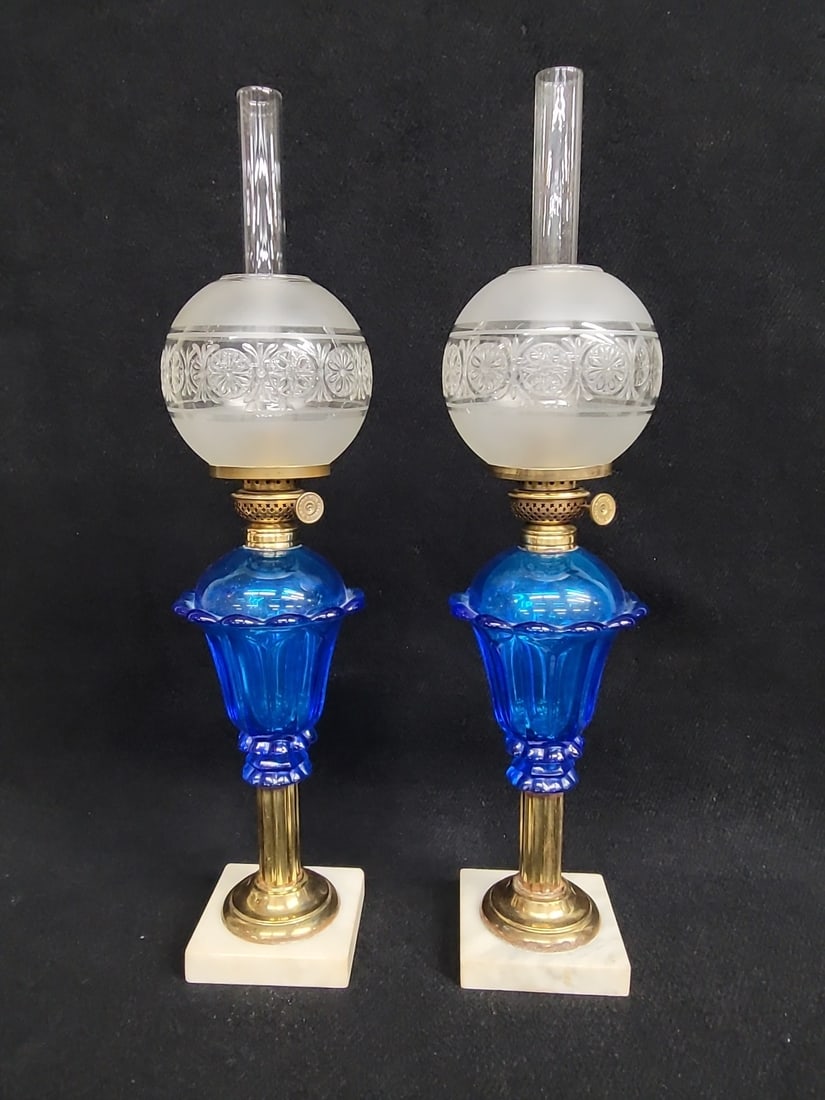 Circa 1860's Sandwich Cobalt Blue pair of Oil Lamps with P & A  Victor burners with antique shades. (1 of 4)