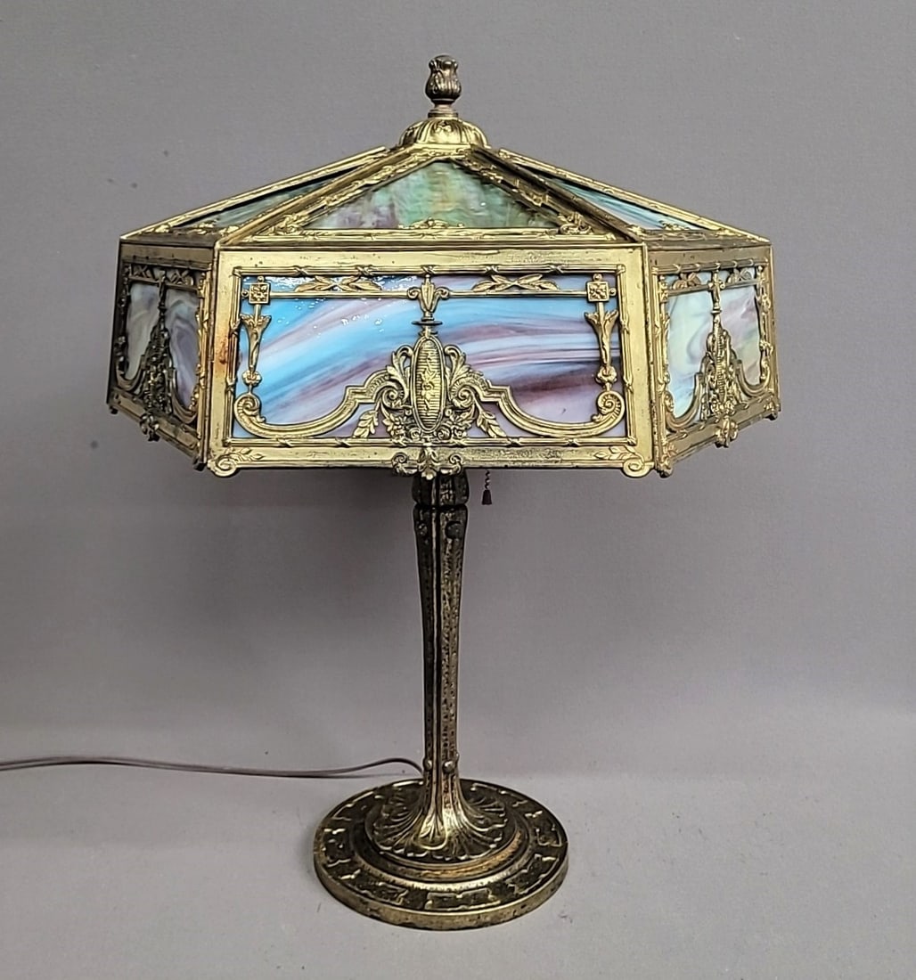 Circa 1920's Great Color 12 Slag Glass Panel Lamp with gold decoration. All glass good. Rewired (1 of 8)
