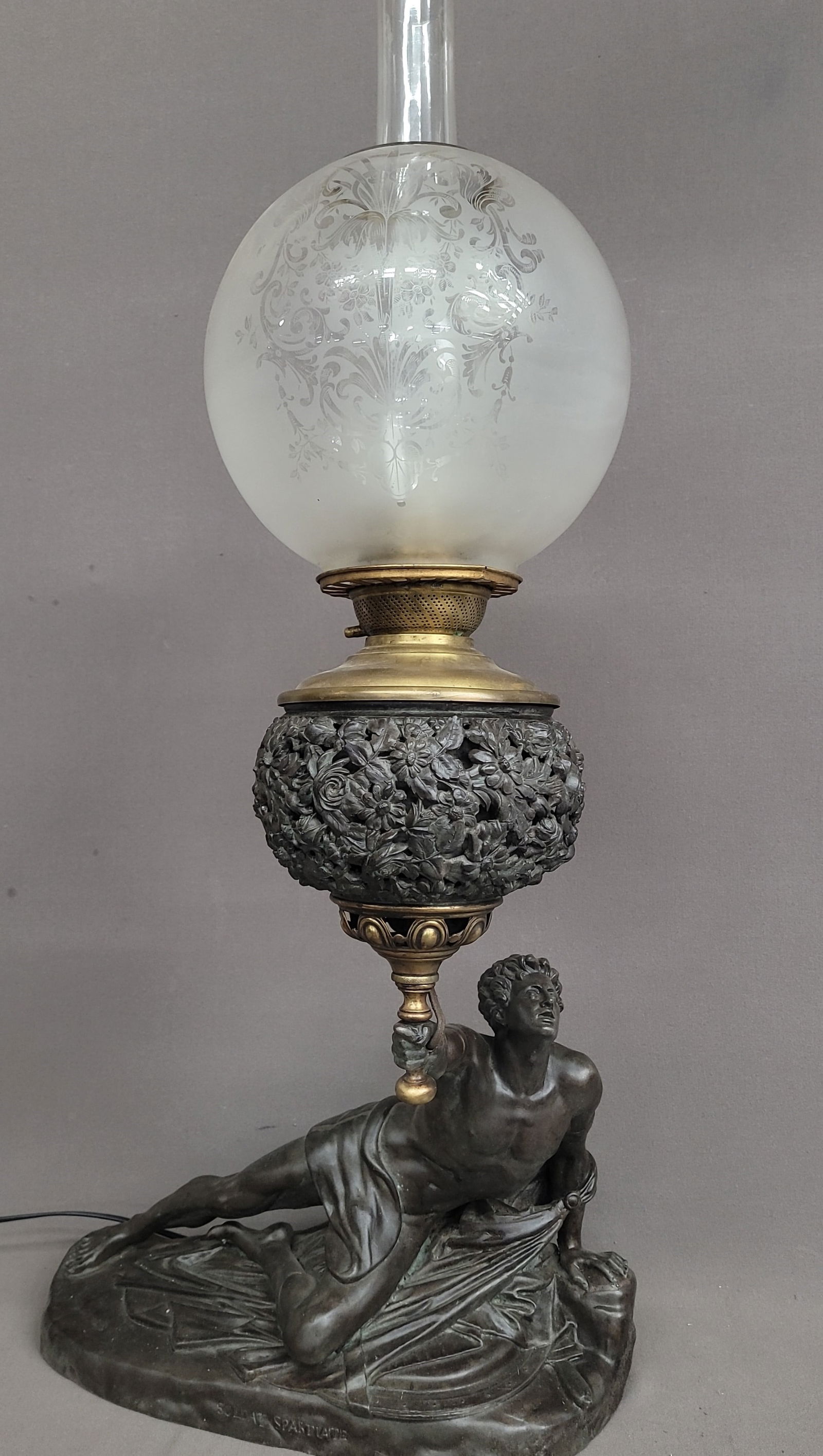 C 1890 Bradley & Hubbard Oil Banquet Lamp Titled (Soldat Spartiate) with Figural Spartin Soldier (1 of 6)