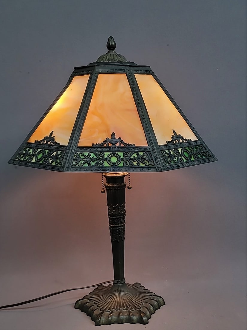 Circa 1920 Carmel Slag Glass Table Lamp found in Wabasha MN estate. Has 16 slag glass panels - hgt (1 of 5)