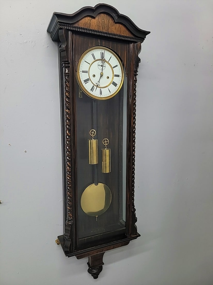 Circa 1880's  2 weight Vienna Regulator with time & strike movement. Cleaned & running. H 44" w (1 of 9)