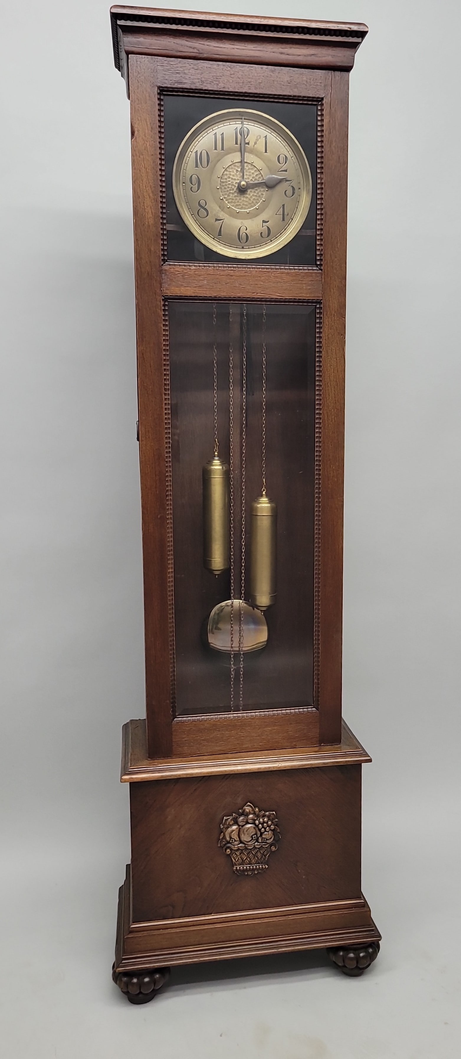 C 1910  OAK GERMAN GRANDFATHER CLOCK W/BRASS DIAL, 2 brass weights & pendulum signed (FMS with (1 of 5)