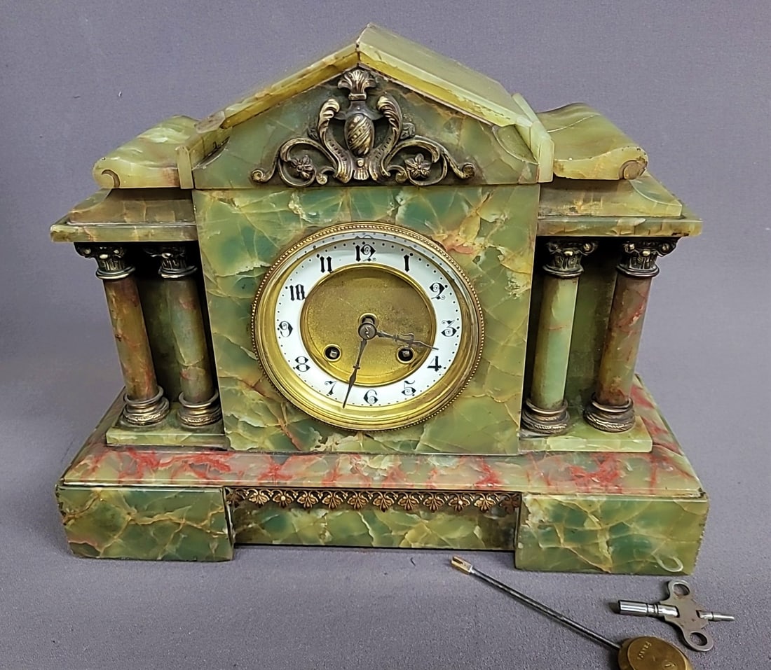 Circa 1880's Green Onyx Mantel Clock with Signed French Movement .  Porcelain Dial. has key & (1 of 5)