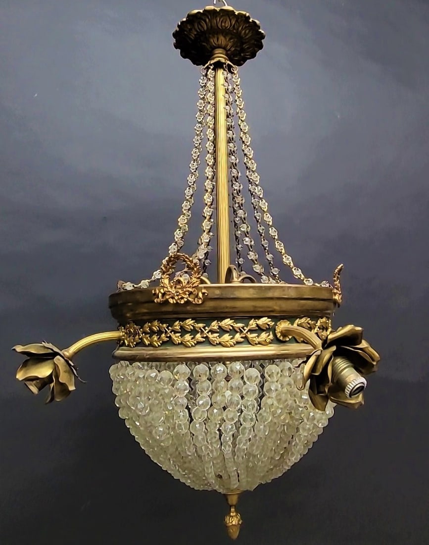 Circa 1920 Brass French Crystal  Beaded 4 arm electric chandelier w/floral décor.  Hgt 28" dia (1 of 3)