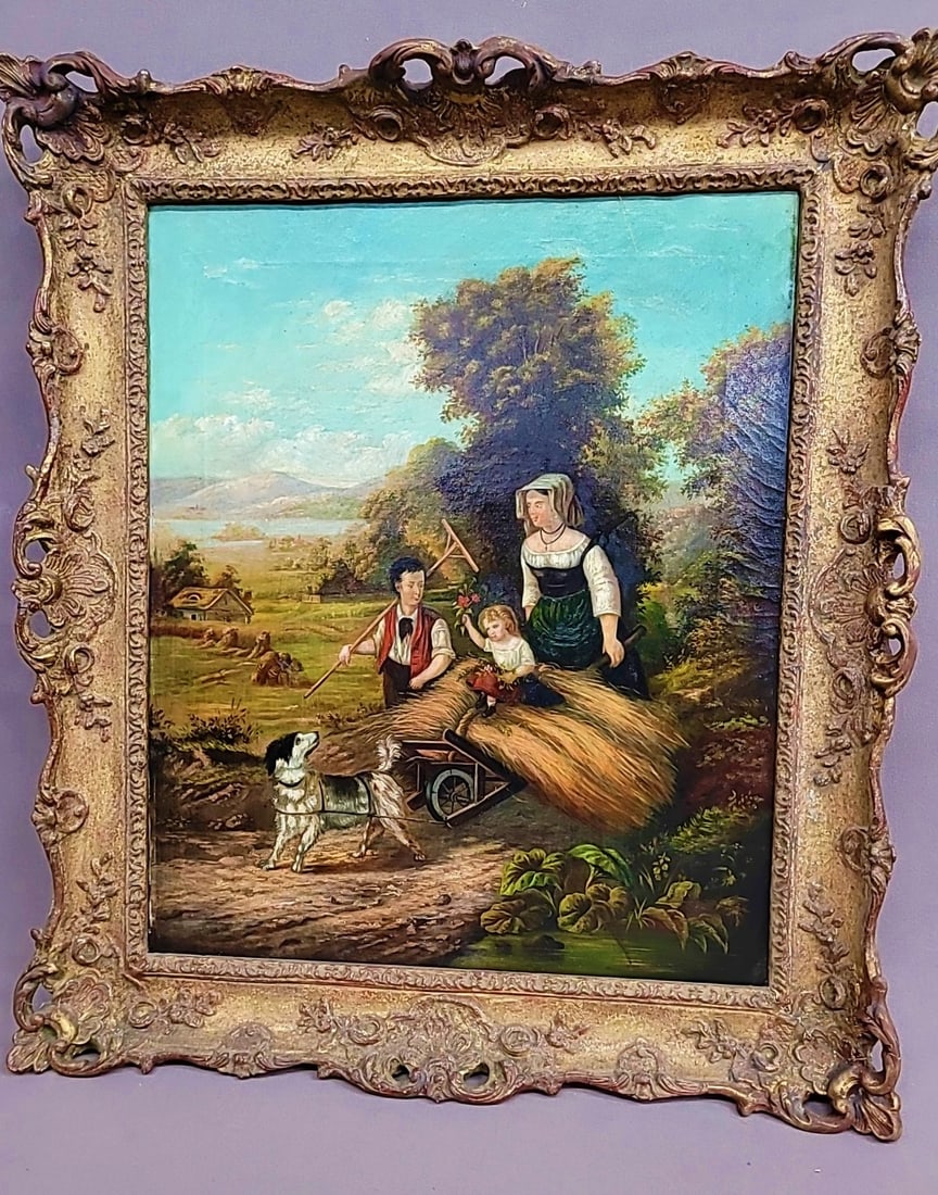 19th Century Oil On canvas of  harvest scene with mom, children & dog in landscape -  overall h 30" (1 of 7)