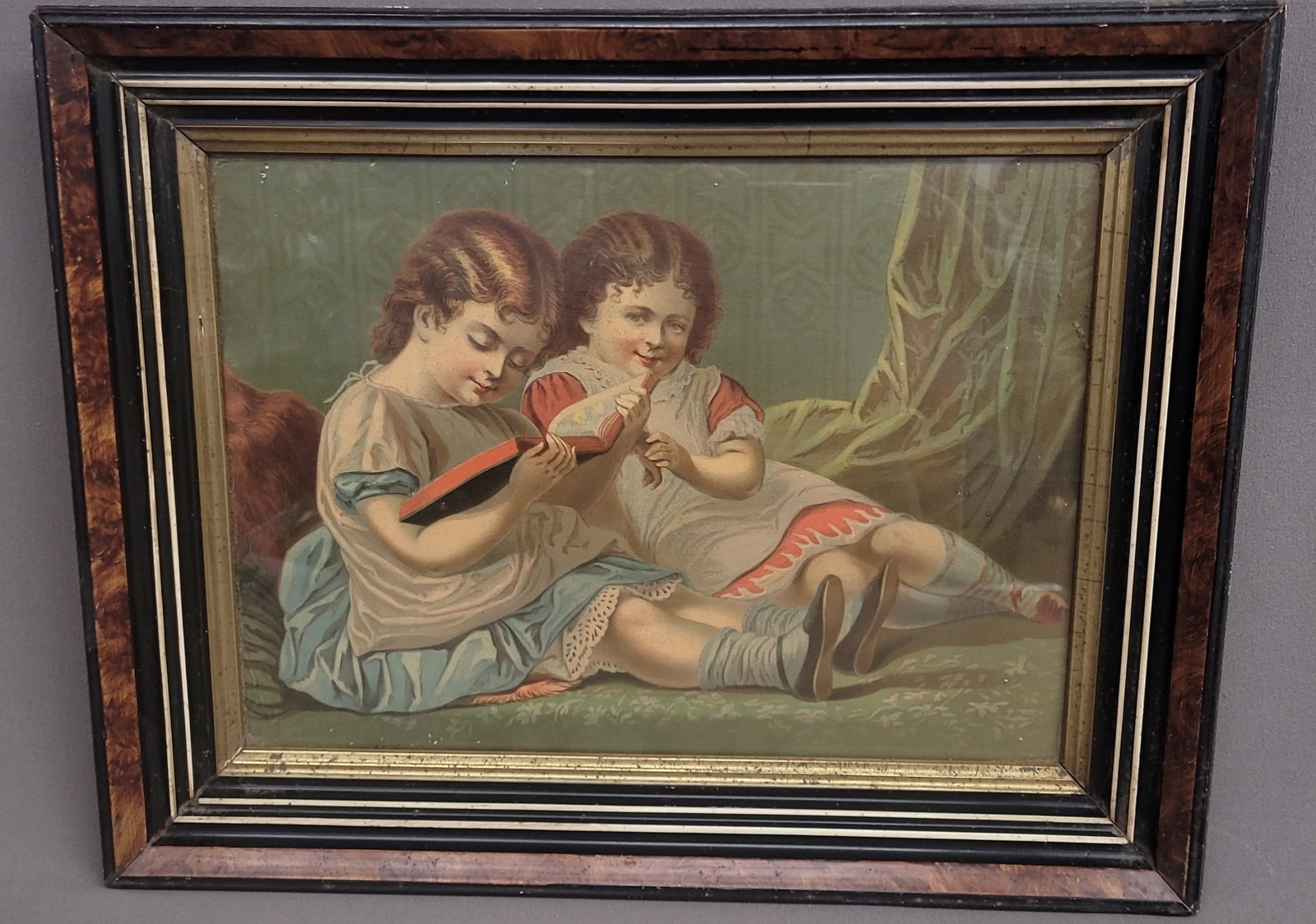 Circa 1870's Color Print of two young girls in antique frame with old pine back. H 17 w 22".  Found (1 of 3)