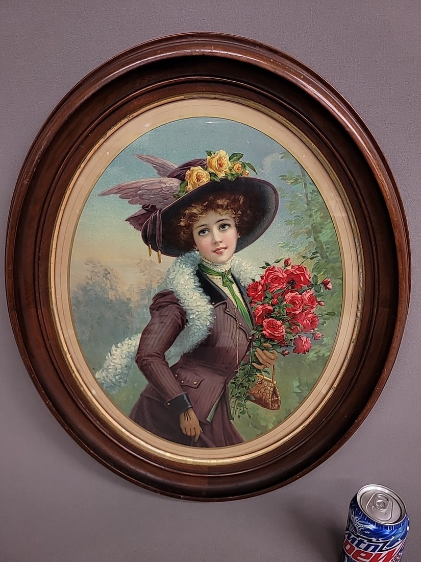 Circa 1870's Oval Walnut Frame with beautiful antique color print of woman with flowers - hgt 24" d (1 of 2)