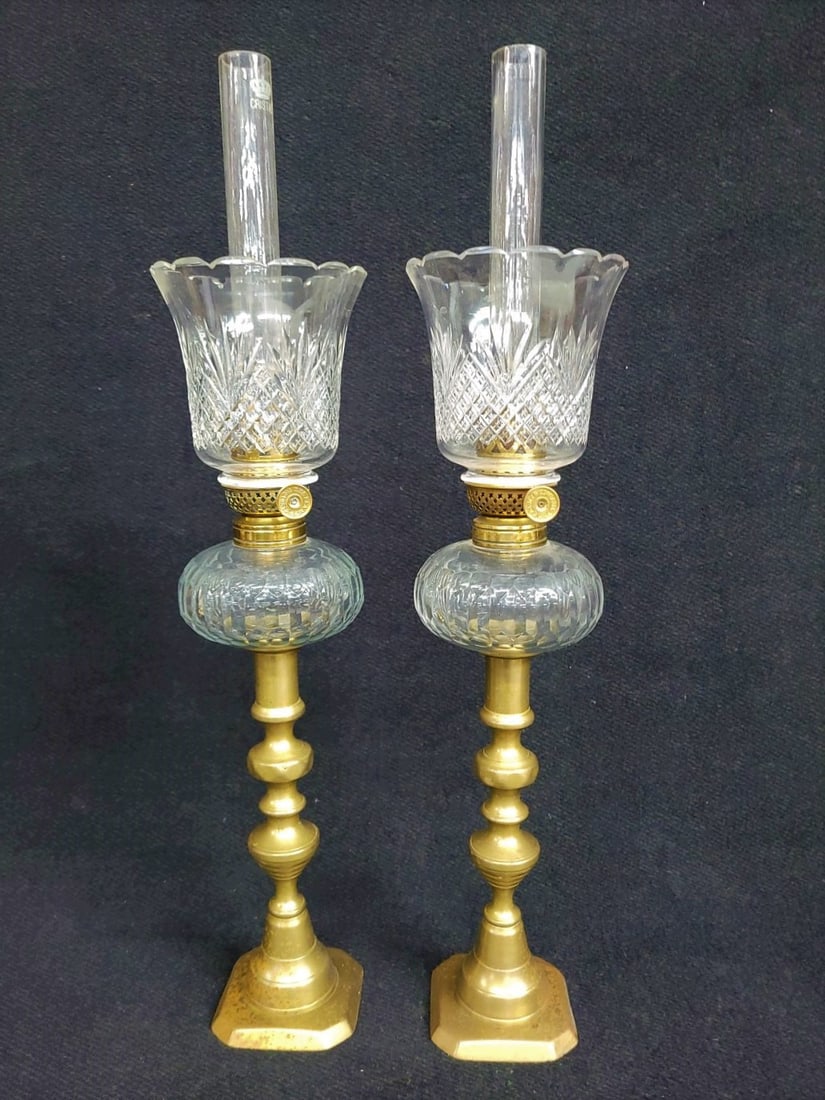 Circa 1850's Brilliant Cut Glass Peg Oil Lamps with P&A burners and  1850's brass push up candle (1 of 4)