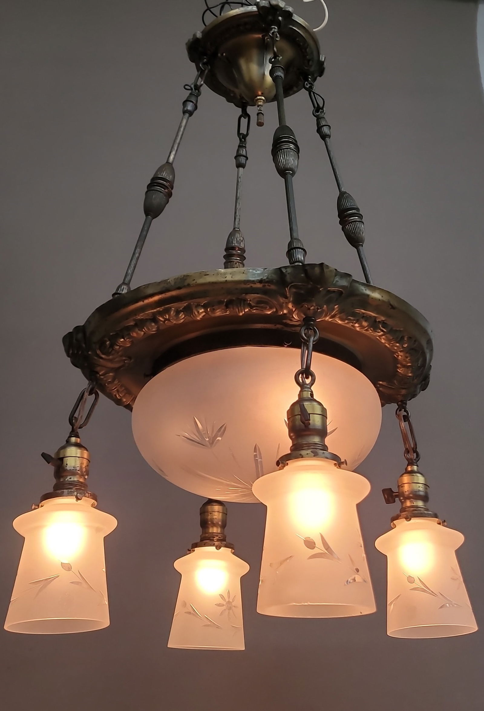 Circa 1920's Ornate Brass Chandelier with Center glass Dome  & 4 Glass Shades - hgt 32" dia. 17". (1 of 3)