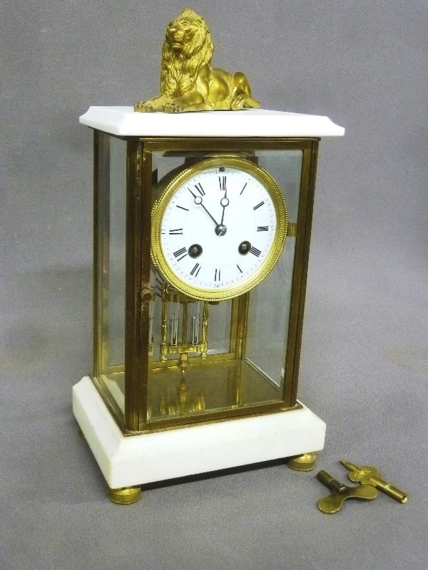 Circa 1900 Marble & Brass Crystal French Regulator Shelf Clock signed Japy Freres with Brass Lion on (1 of 5)