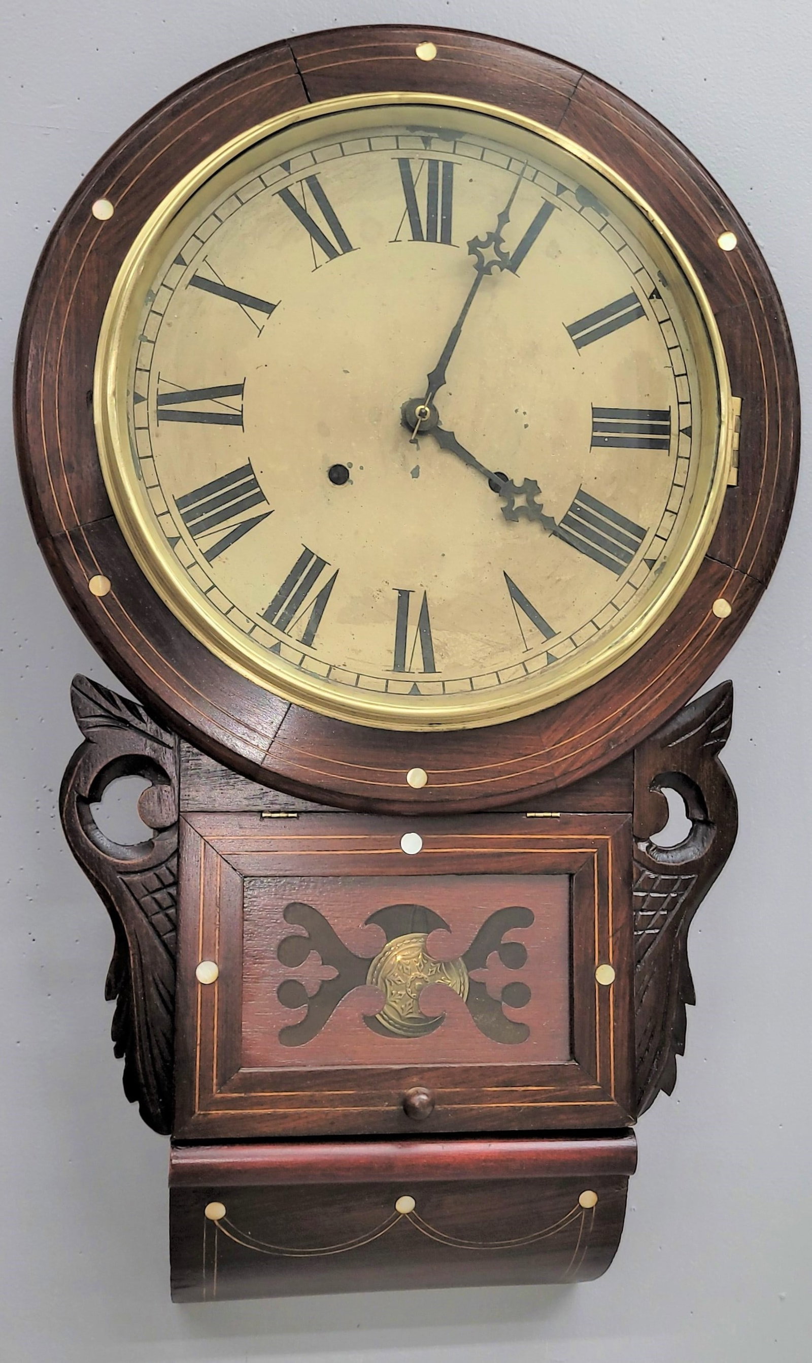 Circa 1870s  Rosewood Mother of Pearl Inlaid time & strike wall clock with original dial paint on (1 of 3)