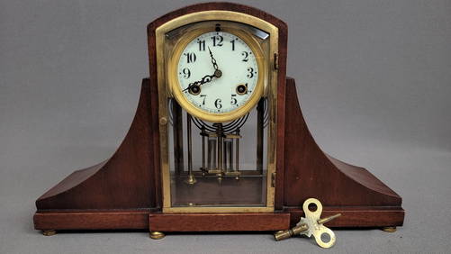 Circa 1900 Signed Waterbury Clock Co. Mahogany mantel clock with signed waterbury key, time & strike (1 of 5)