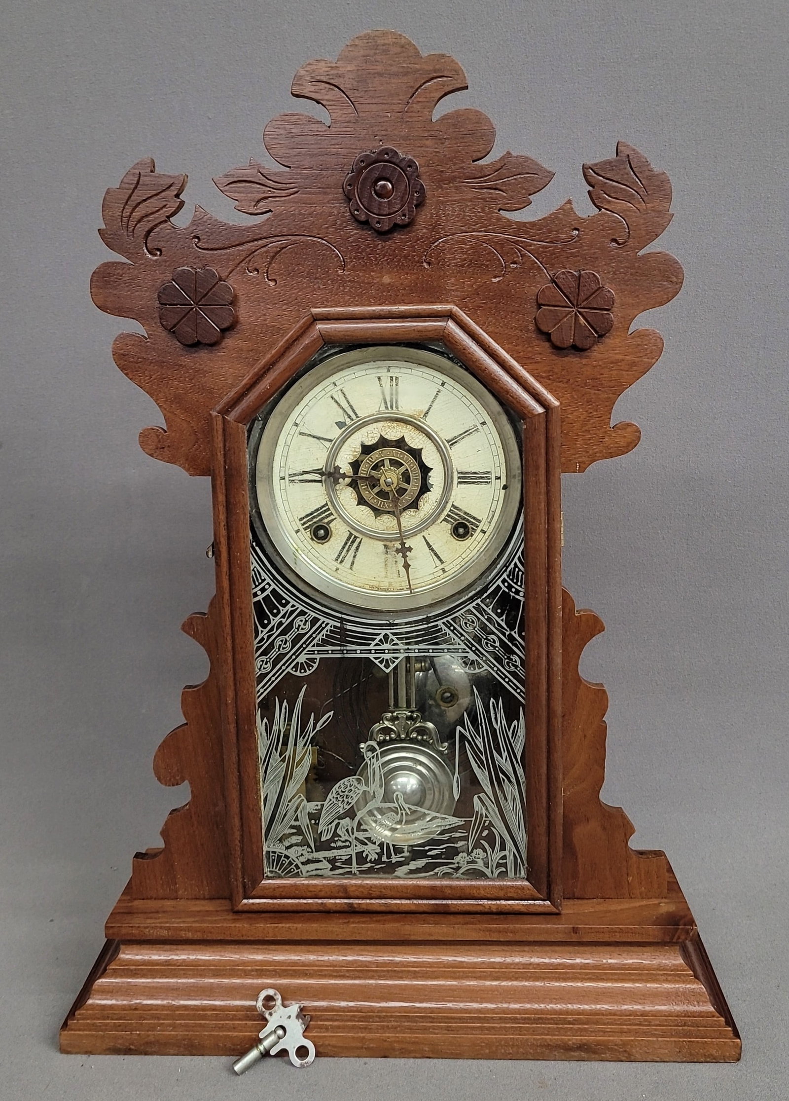 Circa 1880's Signed Waterbury Clock Co. Walnut Kitchen Clock with original stork decorated glass, (1 of 5)