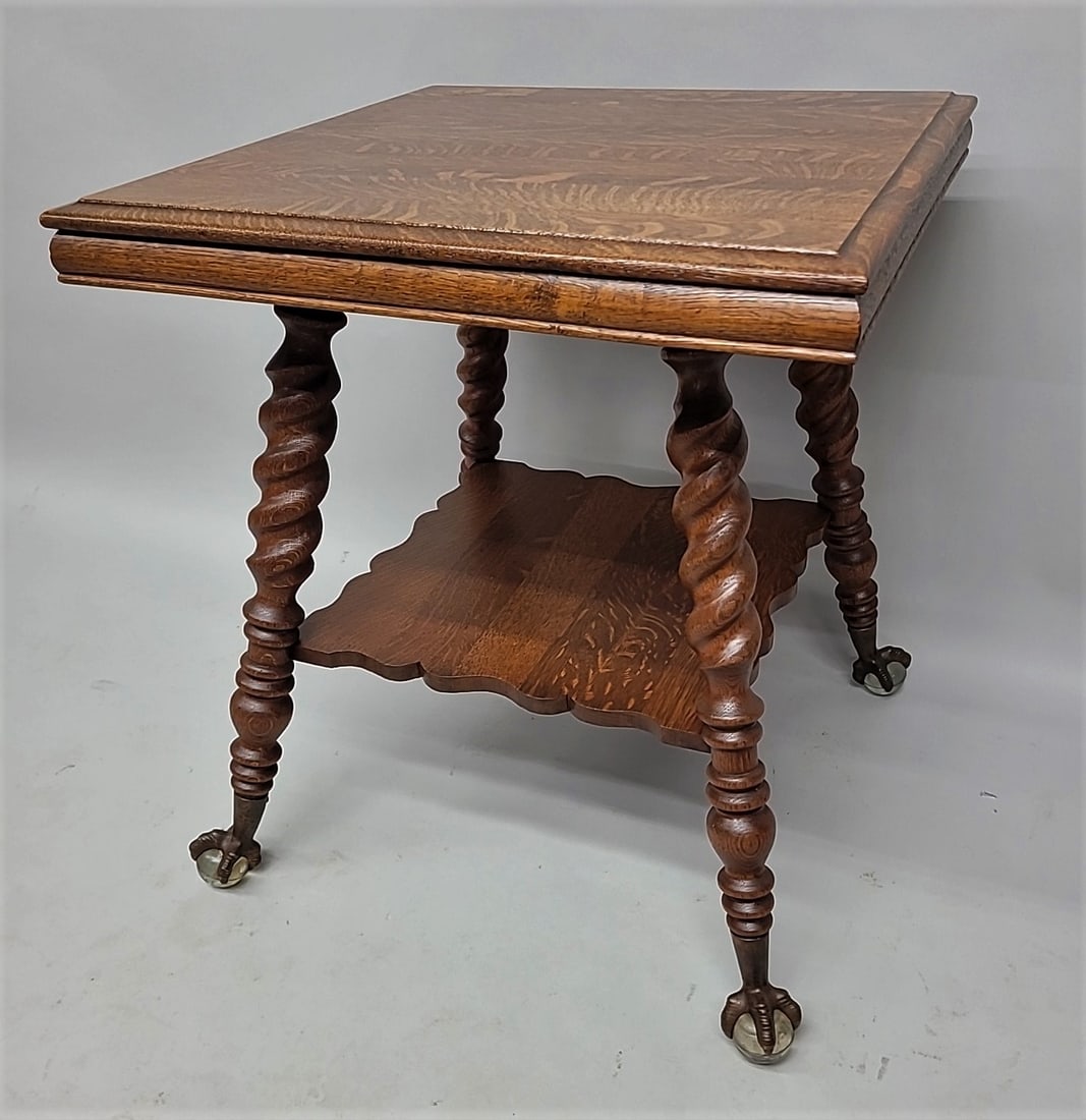 Circa 1900 1/4 Cut Oak Eagle Claw & Glass Ball Table - refinished condition - hgt 30" w 27" x 27". (1 of 3)