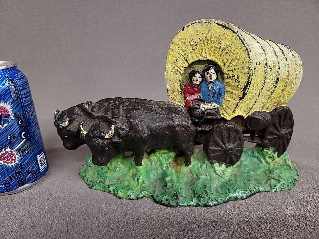 Circa 1900 Cast Iron Door Stop of Covered Wagon with oxen & family. W 9.5" h 6" d 2"  very good (1 of 3)