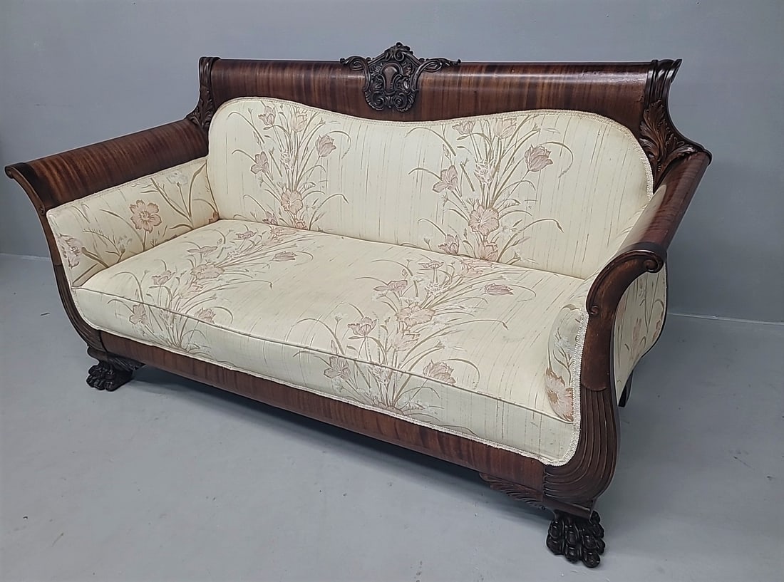Circa 1910 Heavily Carved Mahogany Sofa with quality carved cresting & massive claw feet. W 72" hgt (1 of 7)