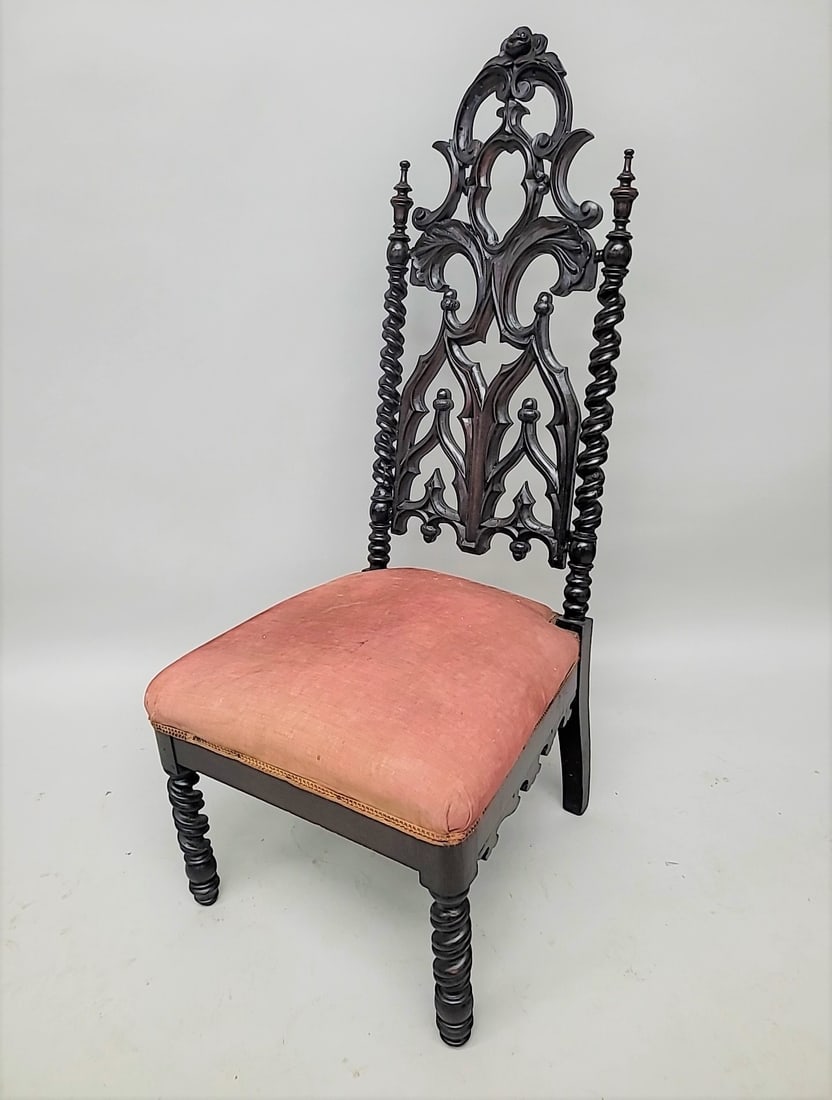 Circa 1845 American Gothic Walnut Hall Chair with acorn design & barley twist legs & columns.  H 44" (1 of 4)