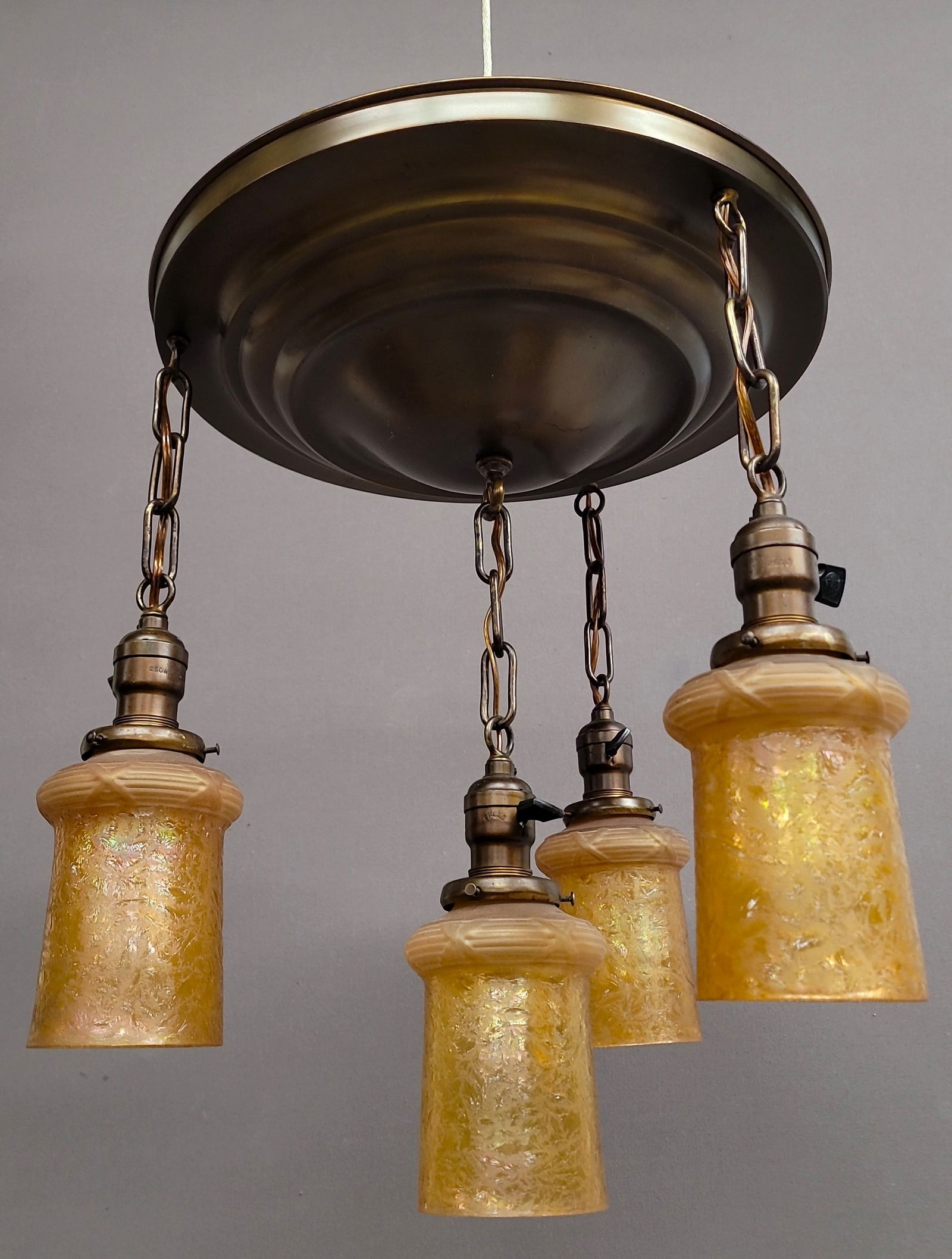 Circa 1920's Solid Brass Ceiling Fixture with 4 antique Amber Etched Glass shades  Glass is all (1 of 3)