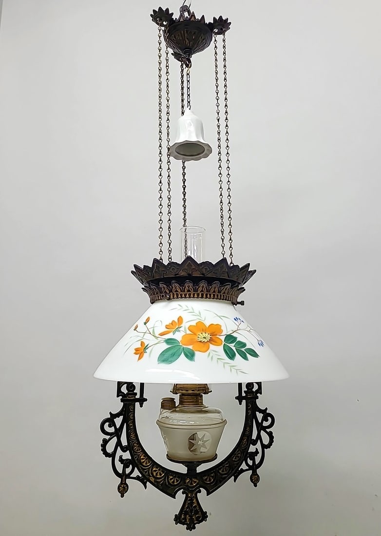 Signed Bradley & Hubbard dated 1877`s Cast Iron Hanging Oil Lamp with Antique Floral paint shade - (1 of 7)