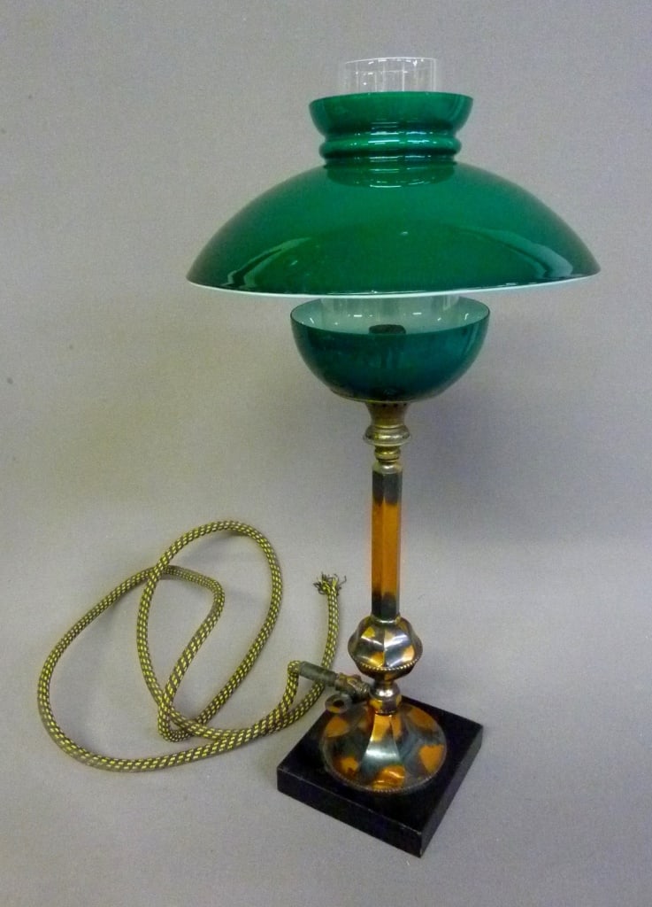 Circa 1910 Gas Portable Table Lamp with Original Hose for Hooking up. Has Antique Cased Glass (1 of 4)