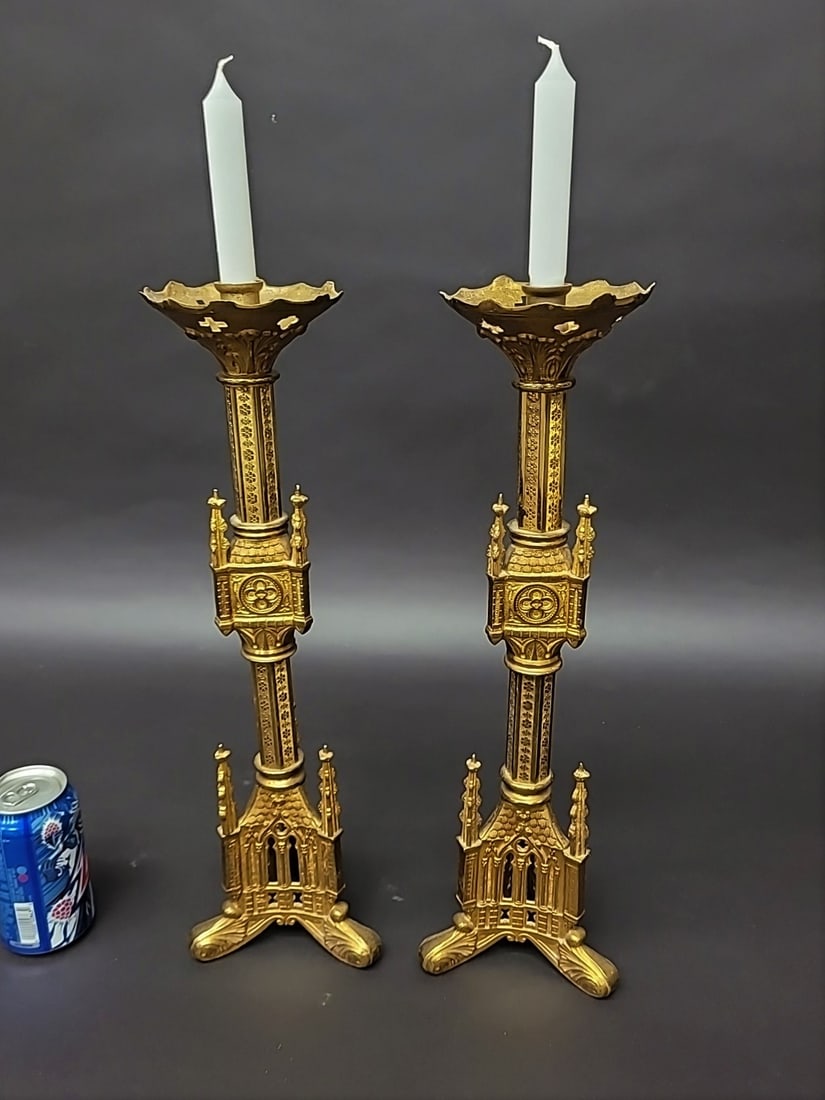 Circa 1910 Pair of Gothic Solid Cast Brass Candle Sticks -  Very good finish & condition. H 18" dia. (1 of 2)