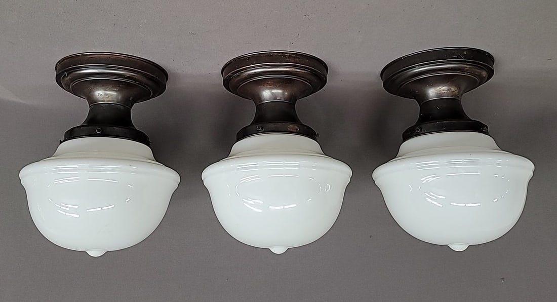 Three Circa 1920's Antique School House ceiling Fixtures all in very good condition. Hgt 14" dia: Three Circa 1920's Antique School House ceiling Fixtures all in very good condition. Hgt 14" dia 11". Found in Wabasha MN old school.
