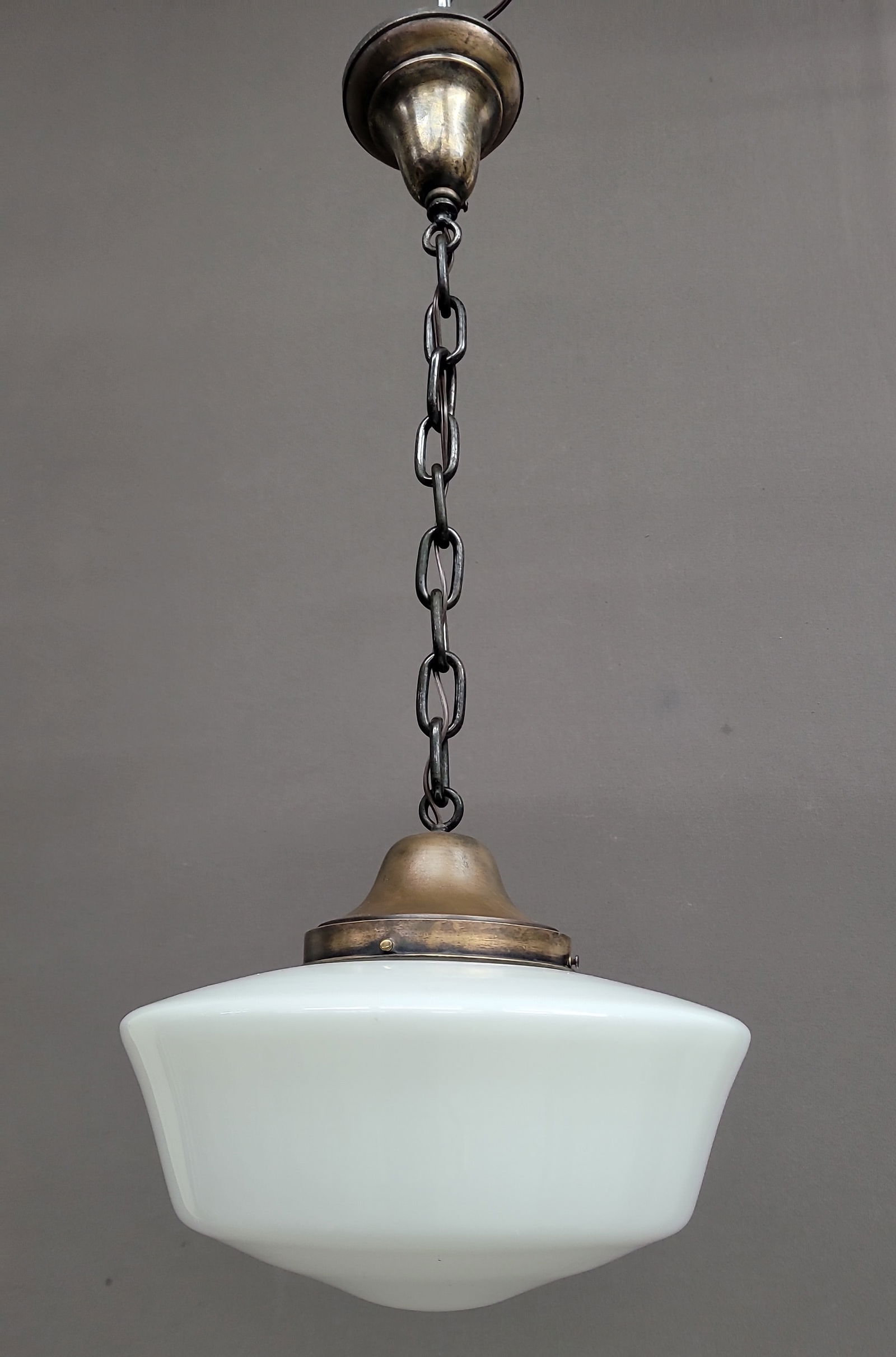Circa 1920's Antique School House ceiling fixture with metal & chain with white glass globe. Hgt 30" (1 of 3)