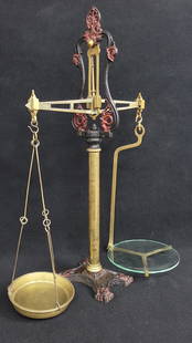 Ca. 1875 Scottish John White & Son Auchtermuchty Model 131 Beam Scale -signed on brass arm. Made of: Ca. 1875 Scottish John White & Son Auchtermuchty Model 131 Beam Scale -signed on brass arm. Made of brass & cast iron. Hgt 30" W 23" . Good condition.