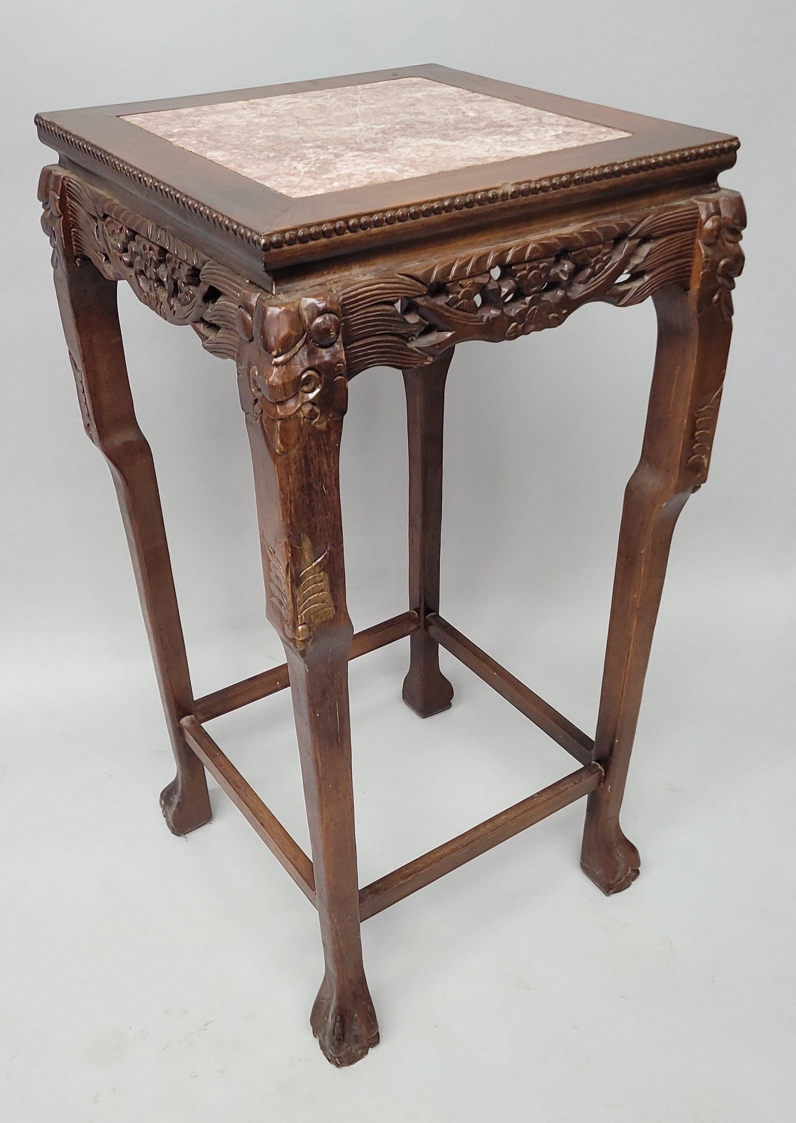 Teak or Rosewood Marble Top Oriental Hand Carved Stand with claw feet. H 36" w 18.5" d 18.5" ..Very (1 of 2)