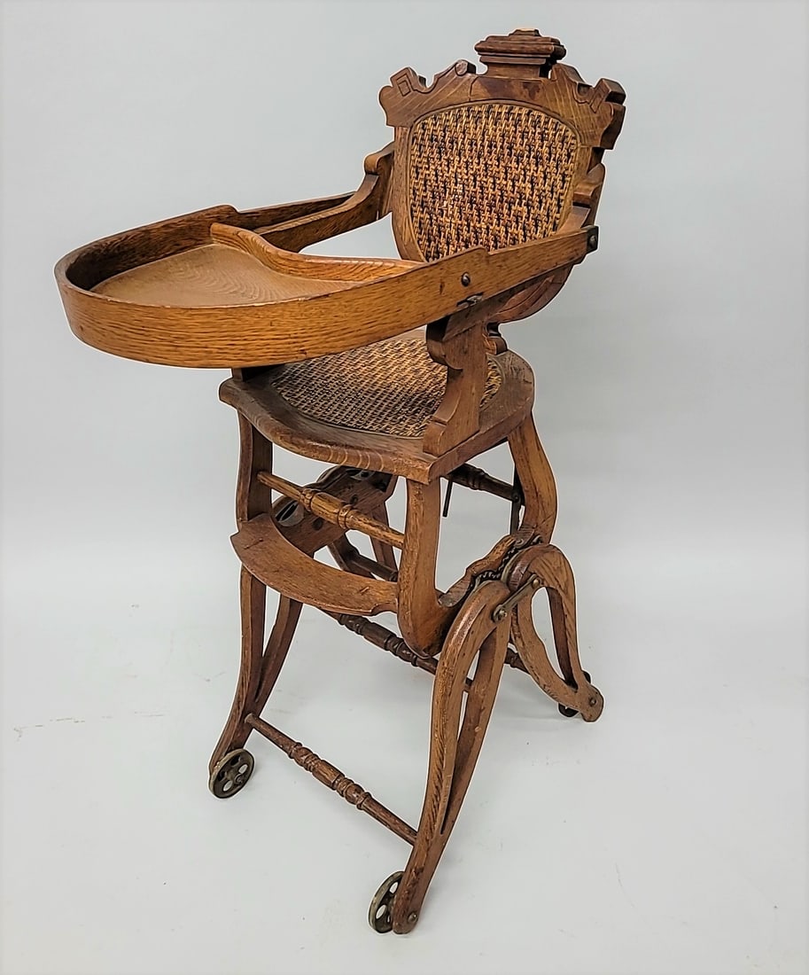 Circa 1875 Rare Oak Victorian Folding Highchair that goes to a stroller the converts to a rocker (1 of 5)