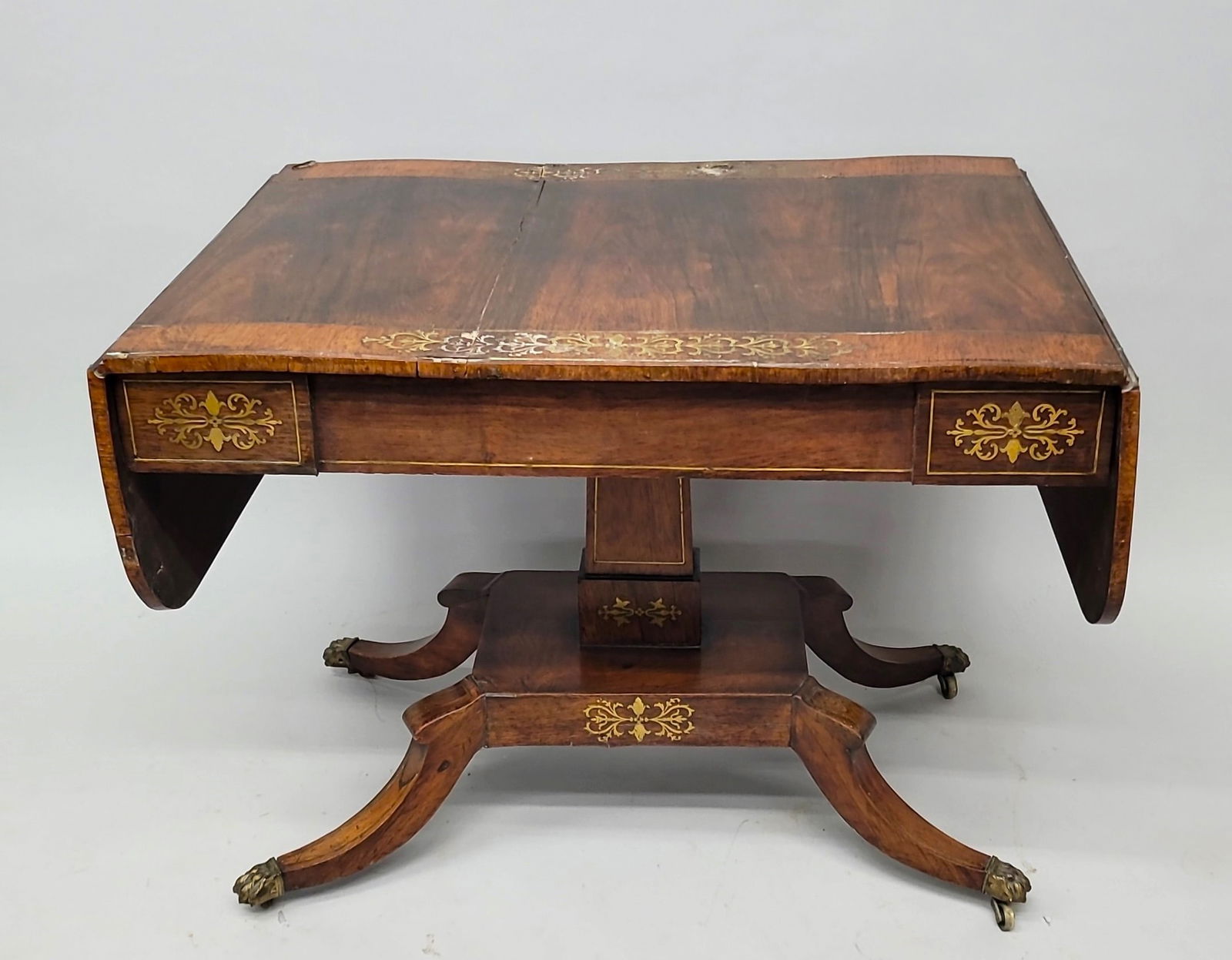 Circa 1820's English Regency Brass Inlaid Table.  Drop leaves & drawer. Has orginal  casters & brass (1 of 7)